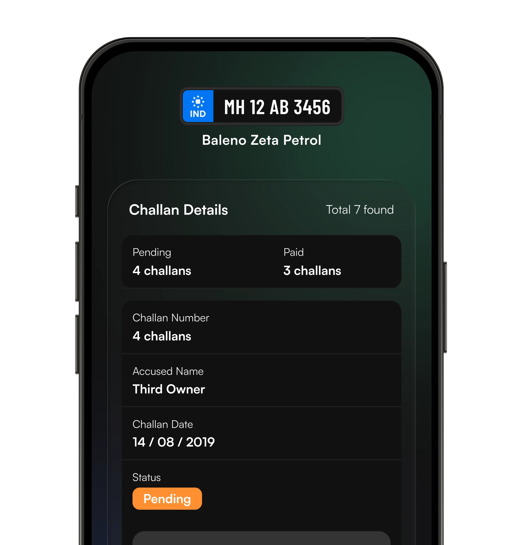 Traffic challan details on a mobile phone
